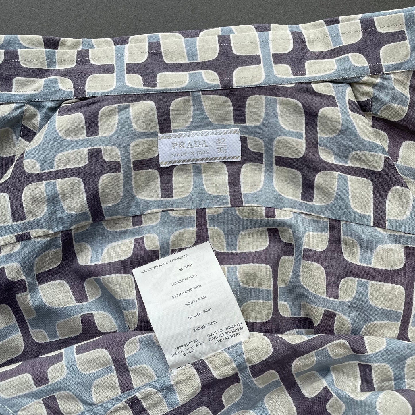 Prada Milano Grey & Blue 00s Geometric Interlink All-Over Print Shirt