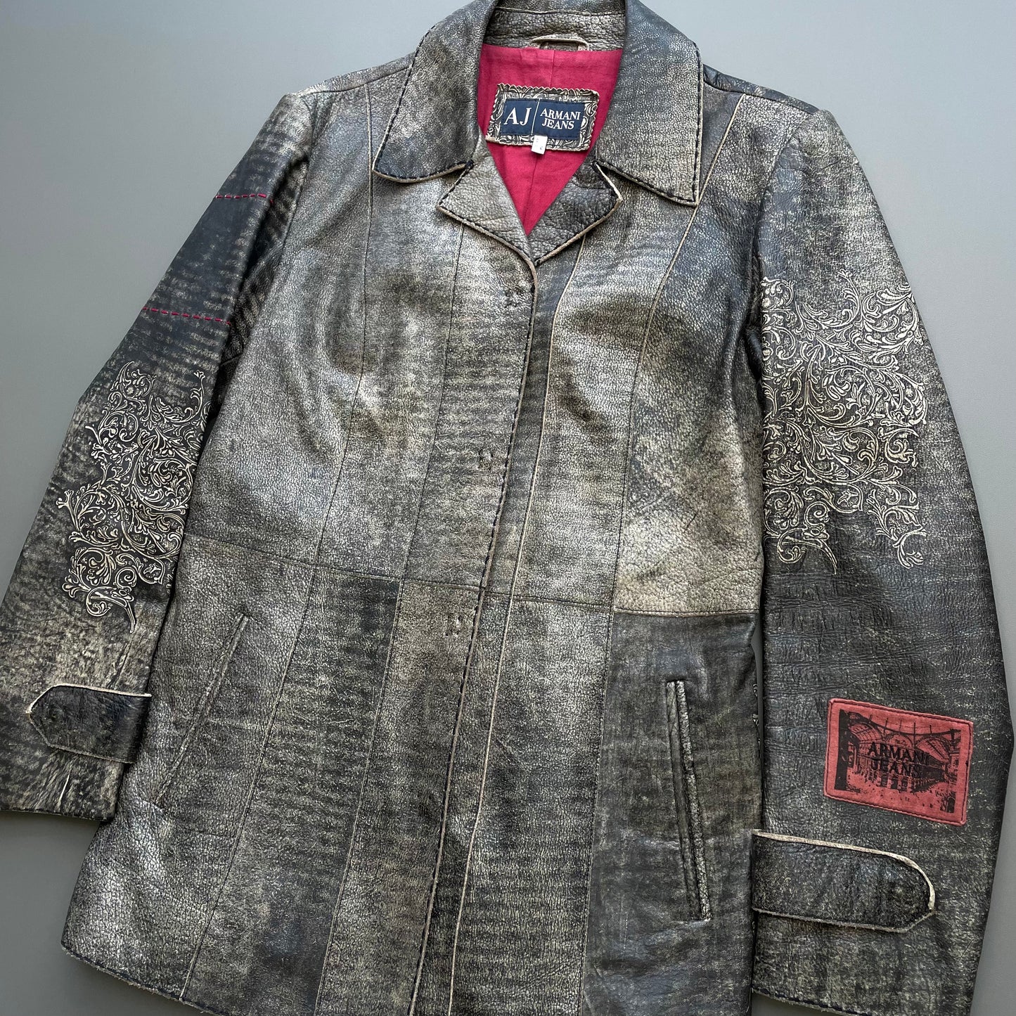 Armani Jeans Dark Grey 00s Pattern Detailed Leather Women's Trench Coat