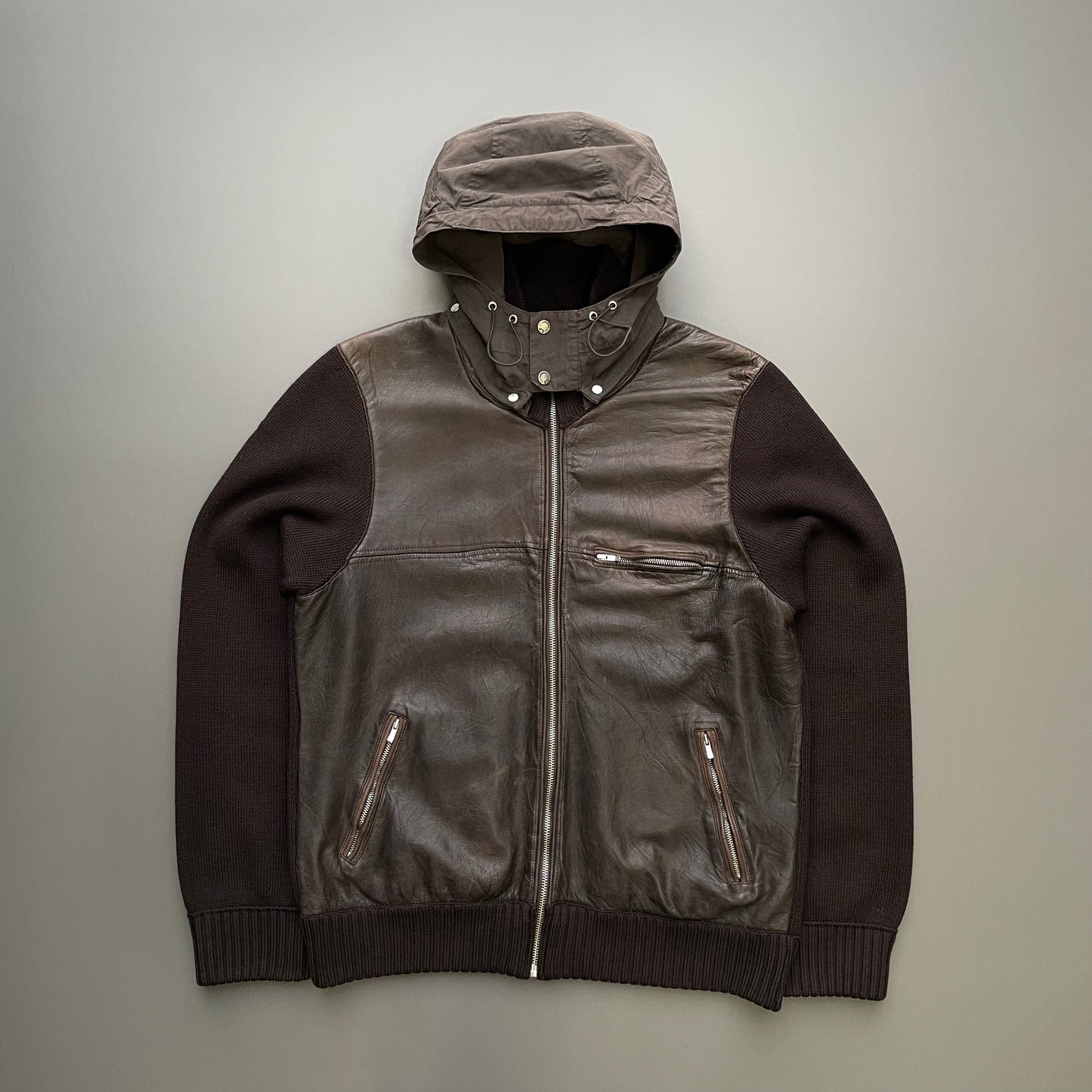 C.P. Company Brown AW06 Leather & Wool Hybrid Detachable Hood Jacket