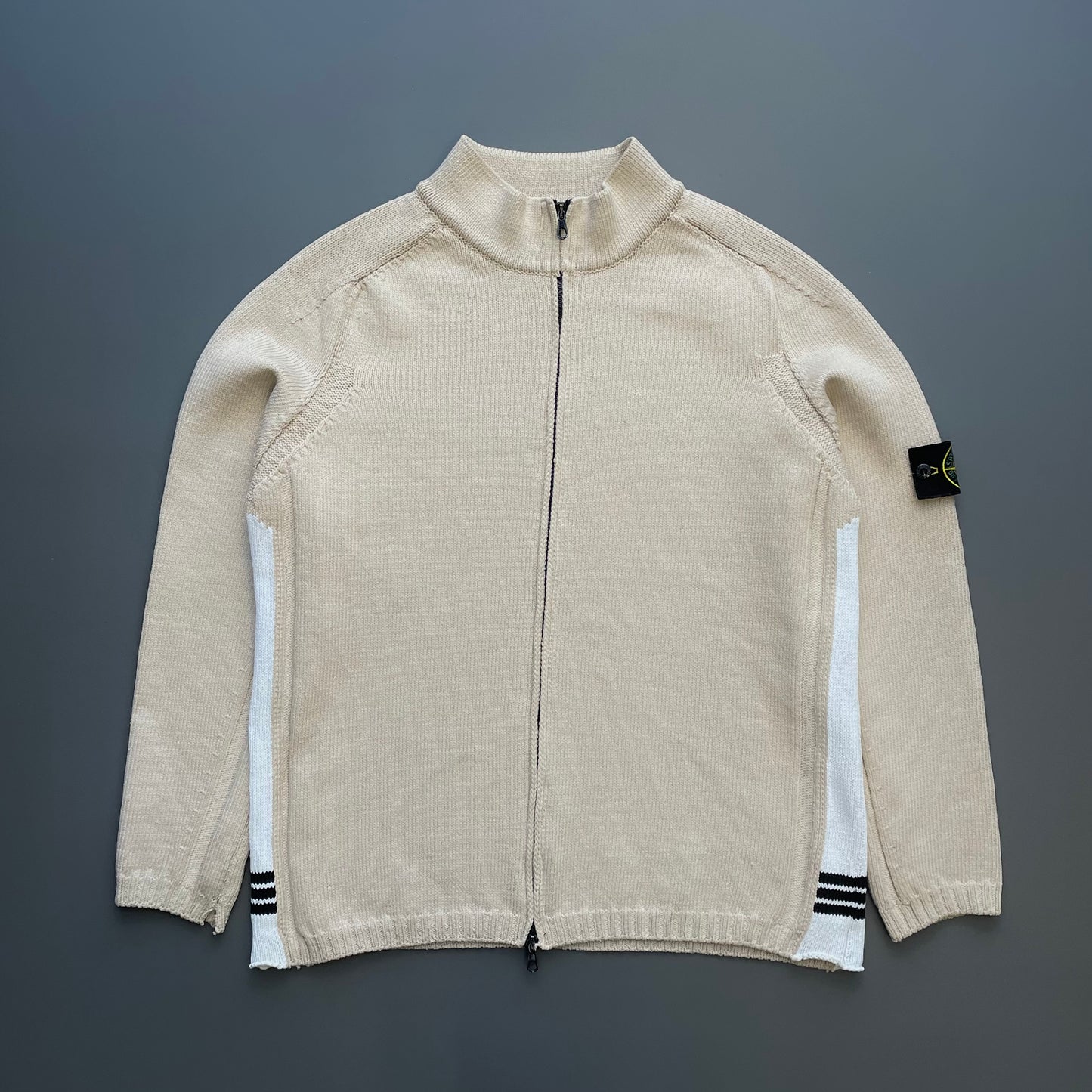 Stone Island Beige & White SS03 Knit Zip-Through Cardigan Jacket