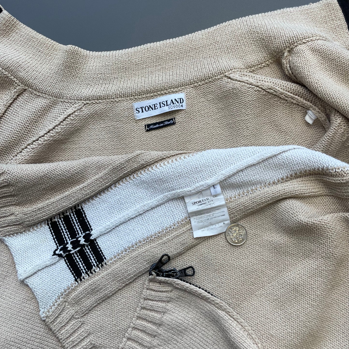 Stone Island Beige & White SS03 Knit Zip-Through Cardigan Jacket