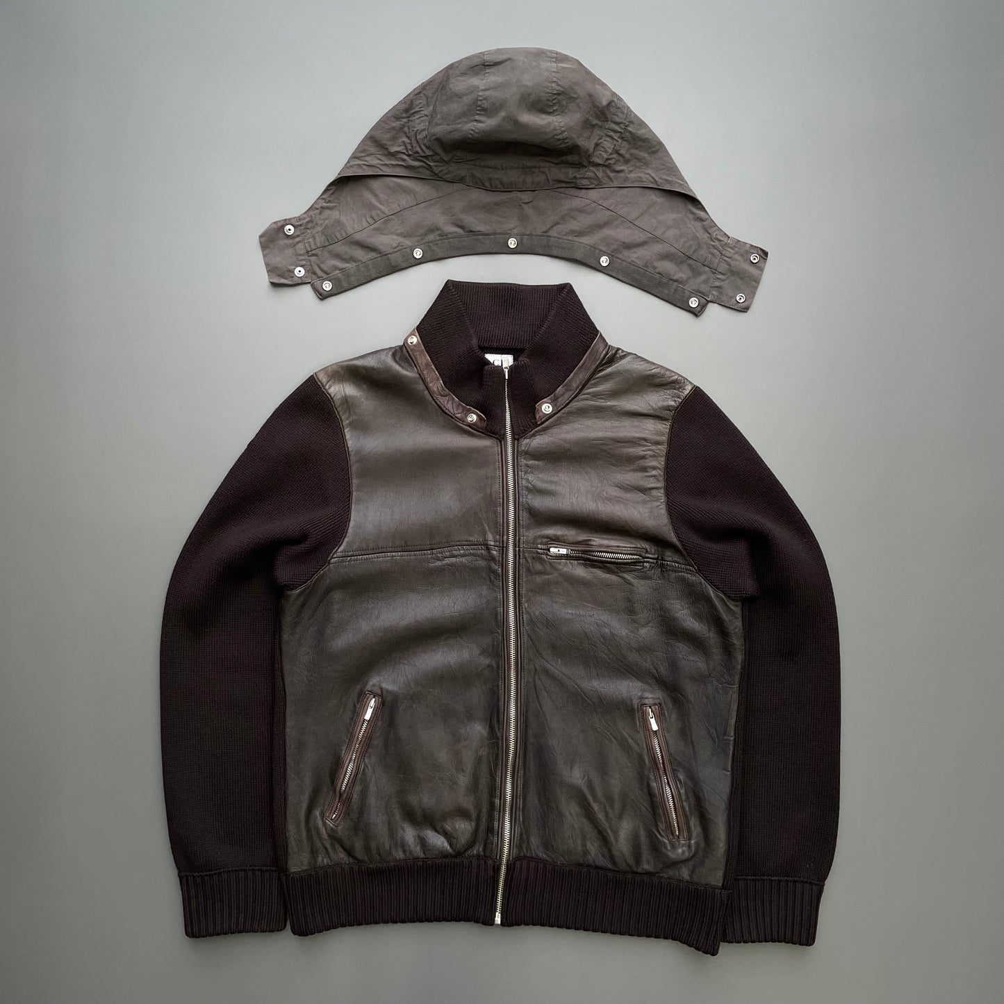 C.P. Company Brown AW06 Leather & Wool Hybrid Detachable Hood Jacket