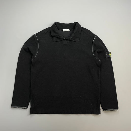 Stone Island Black AW02 Fine-Rib Grey Accent Button Collar Wool Knit Jumper