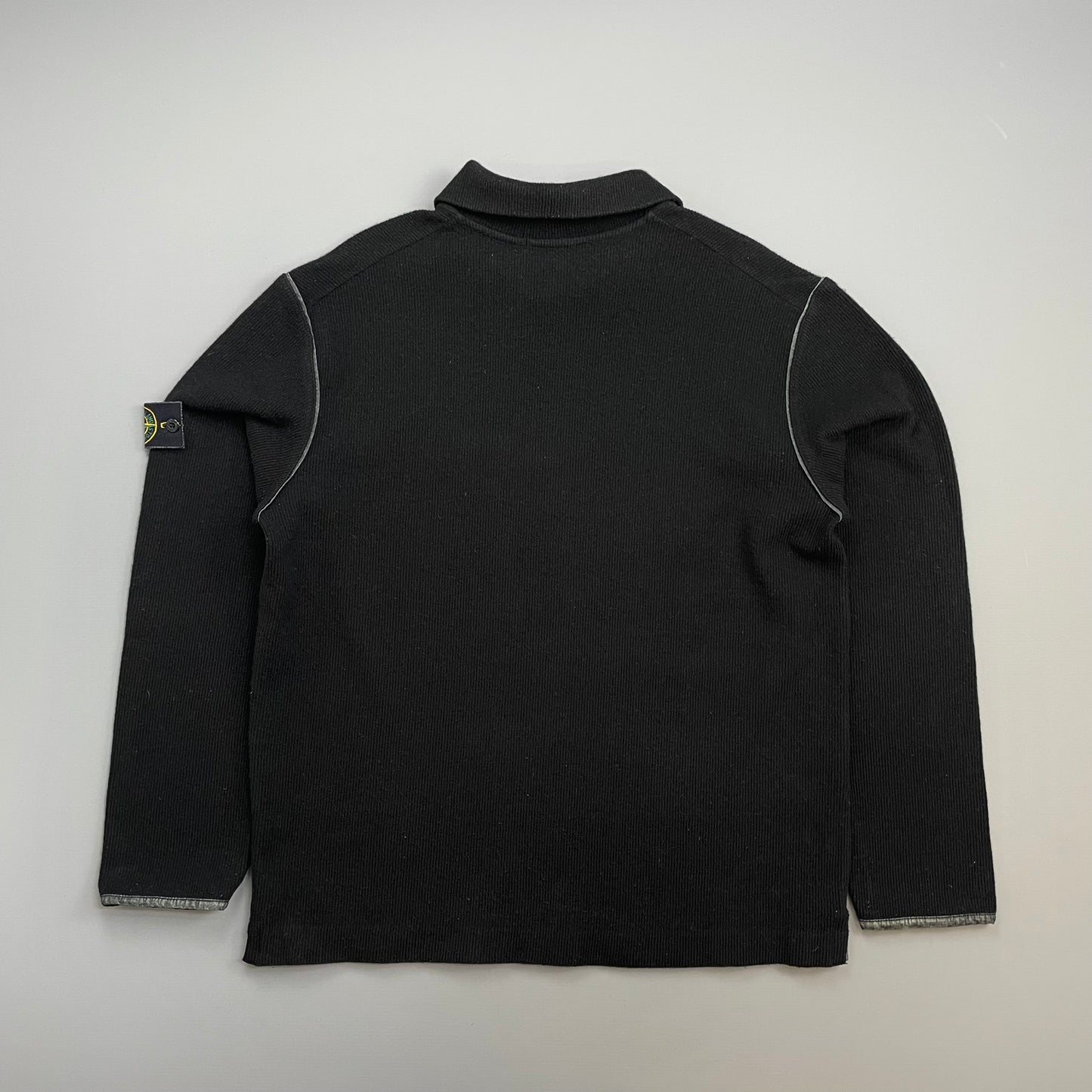 Stone Island Black AW02 Fine-Rib Grey Accent Button Collar Wool Knit Jumper