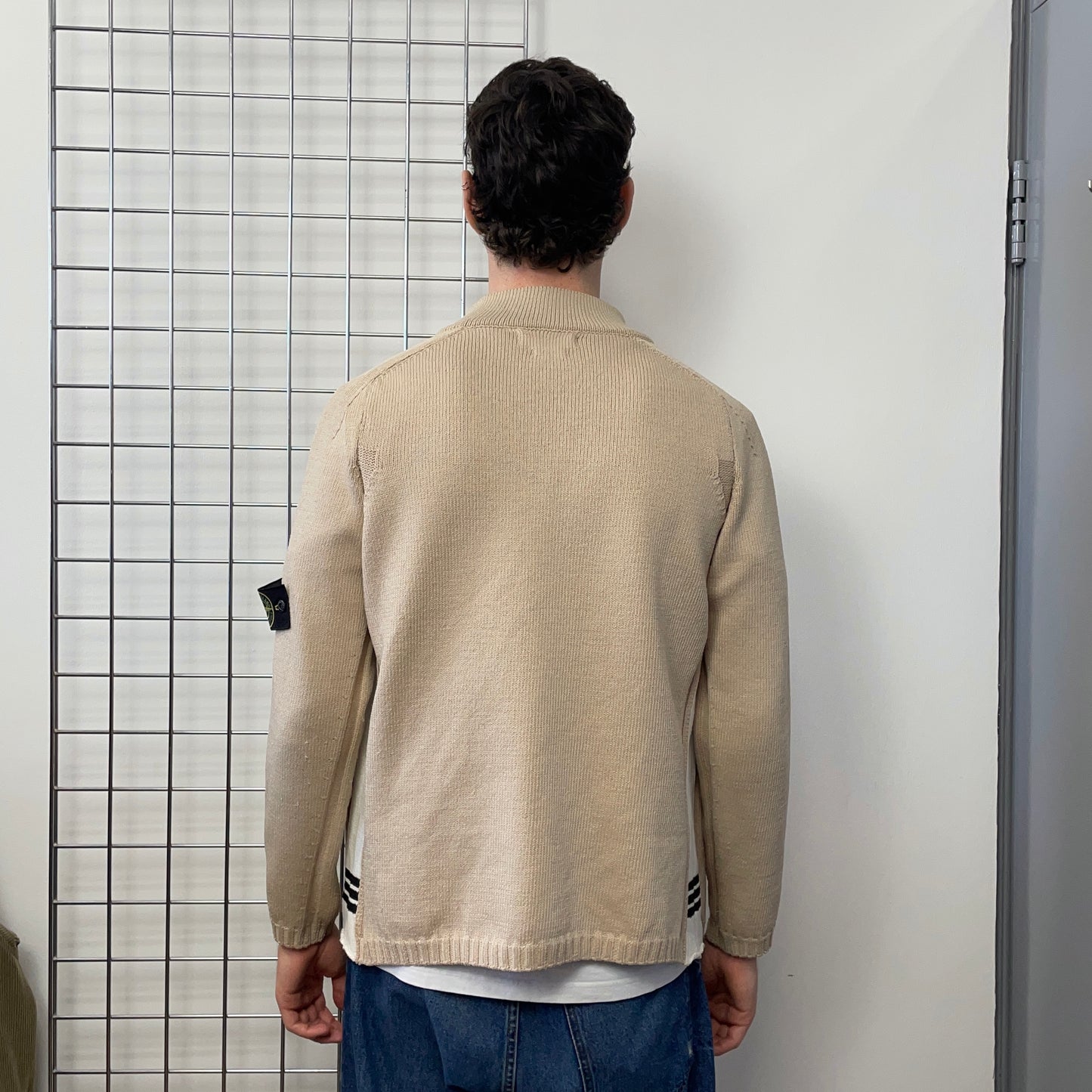 Stone Island Beige & White SS03 Knit Zip-Through Cardigan Jacket