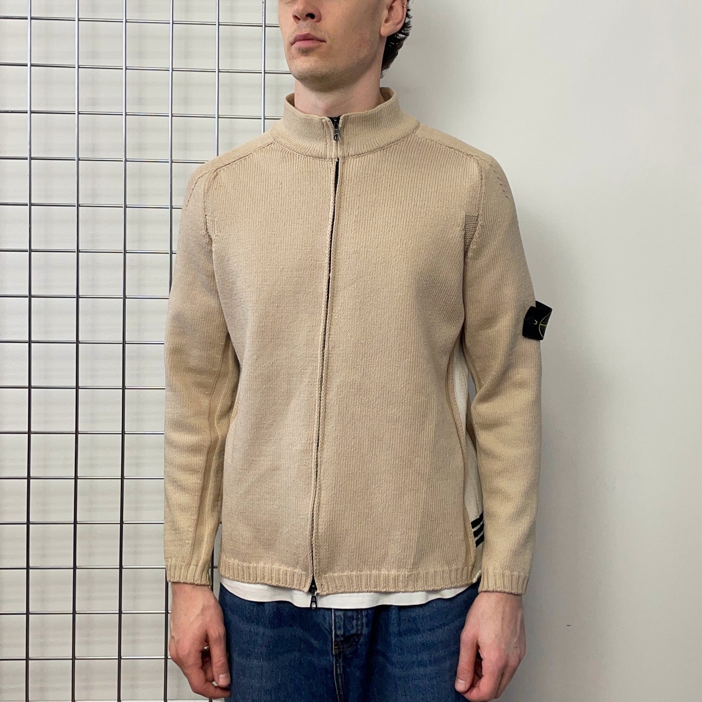 Stone Island Beige & White SS03 Knit Zip-Through Cardigan Jacket