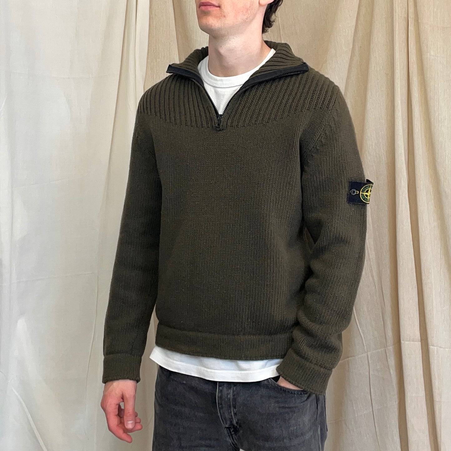 Stone Island Khaki 00s Wool Knit Half-Zip Jumper