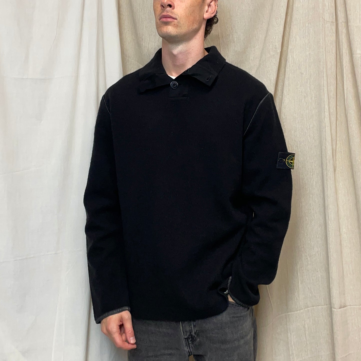 Stone Island Black AW02 Fine-Rib Grey Accent Button Collar Wool Knit Jumper