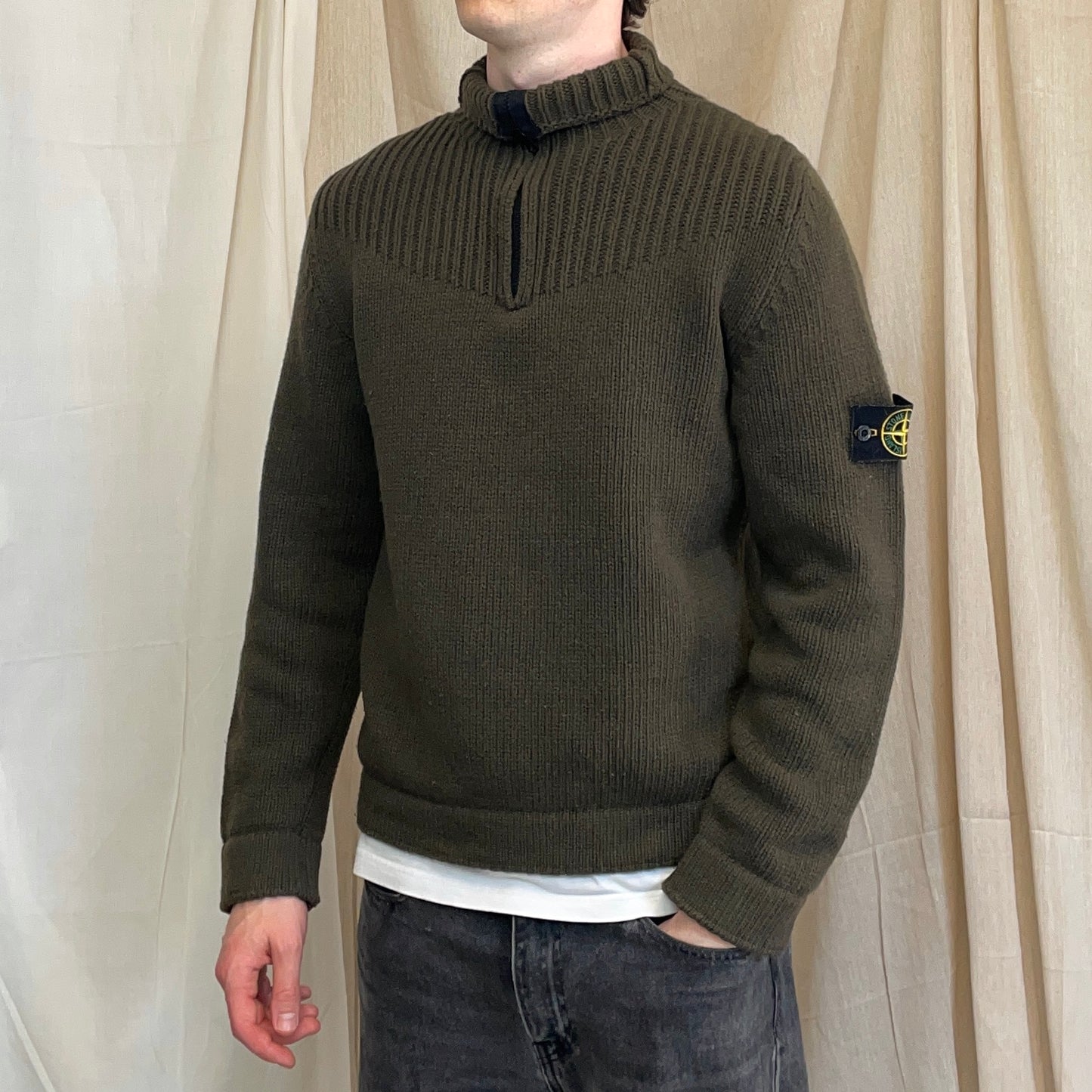 Stone Island Khaki 00s Wool Knit Half-Zip Jumper