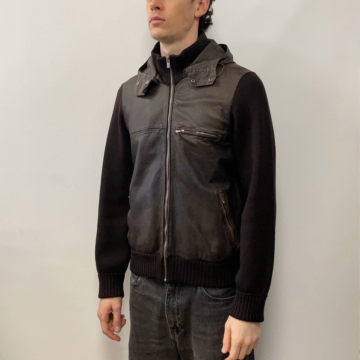 C.P. Company Brown AW06 Leather & Wool Hybrid Detachable Hood Jacket
