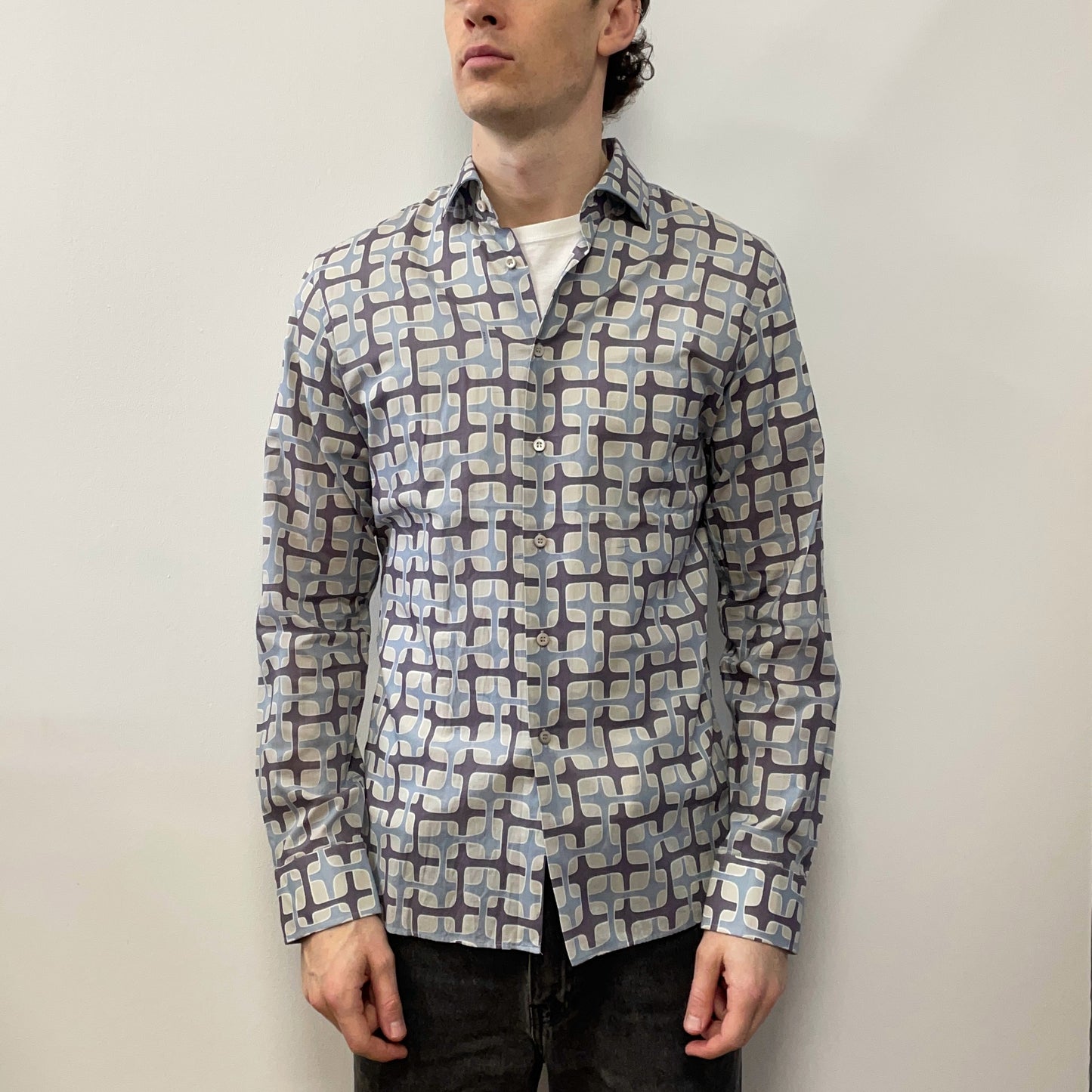 Prada Milano Grey & Blue 00s Geometric Interlink All-Over Print Shirt