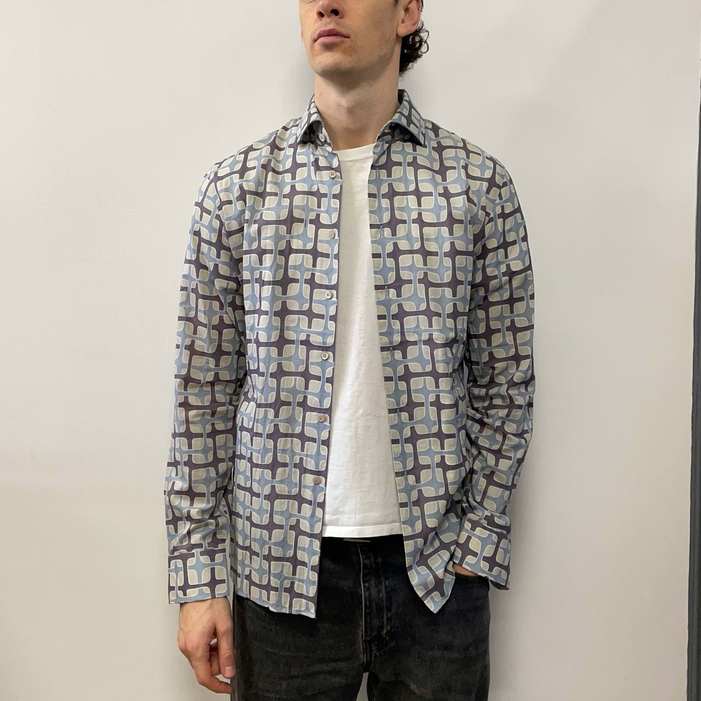 Prada Milano Grey & Blue 00s Geometric Interlink All-Over Print Shirt