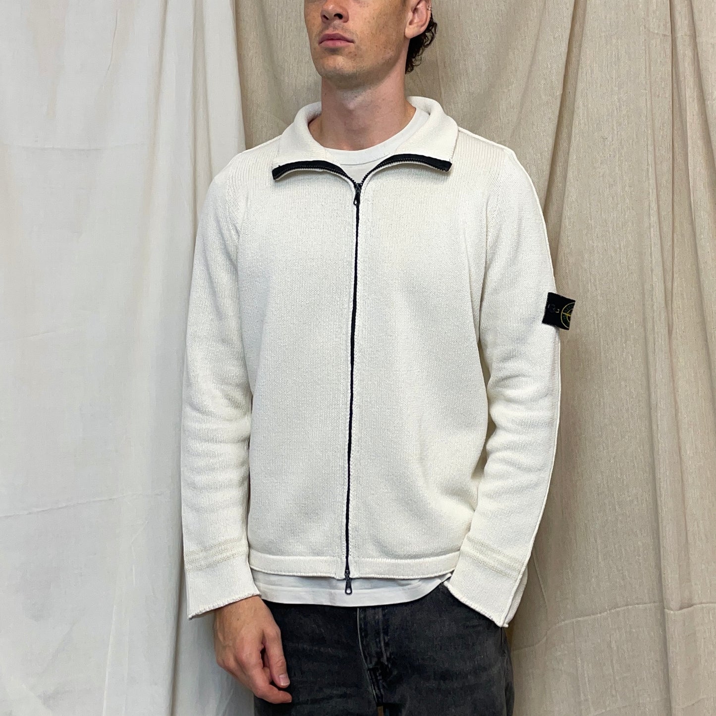 Stone Island White SS01 Two-Way Zip Knit Jumper