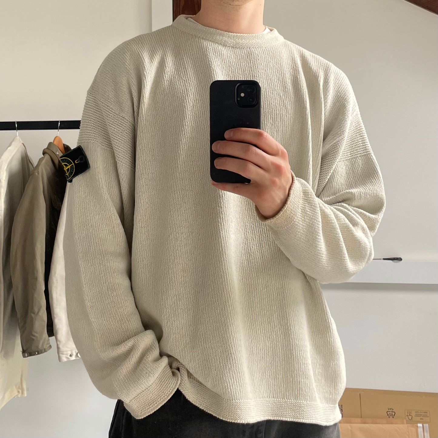 Stone Island SS96 Cream Knit Jumper with Green Edge Badge