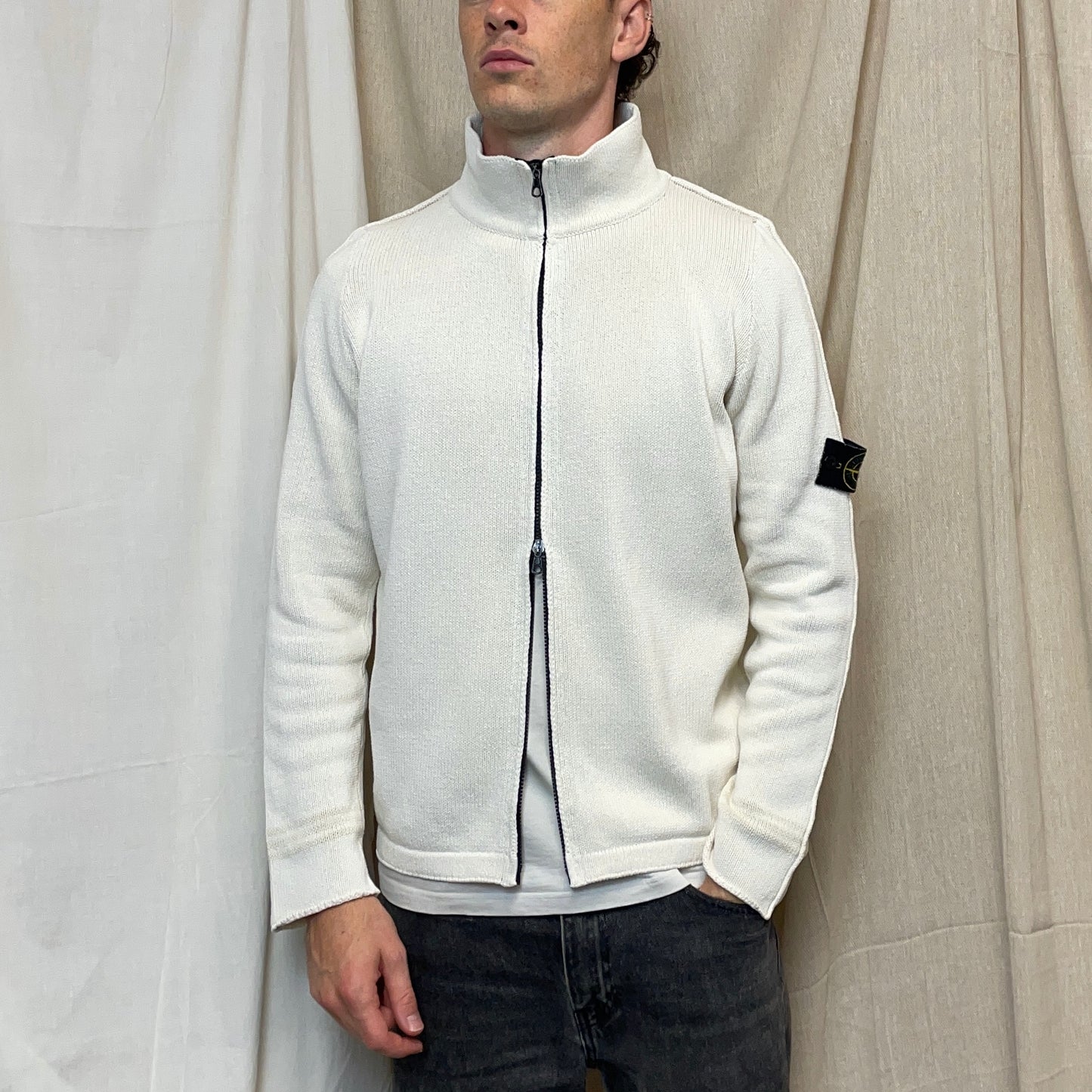 Stone Island White SS01 Two-Way Zip Knit Jumper