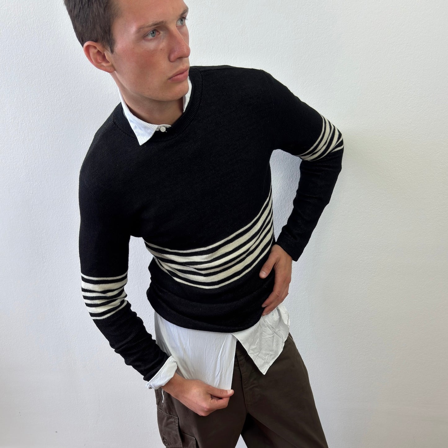 Emporio Armani Grey & White 90s Bulk Stripe Knit Jumper