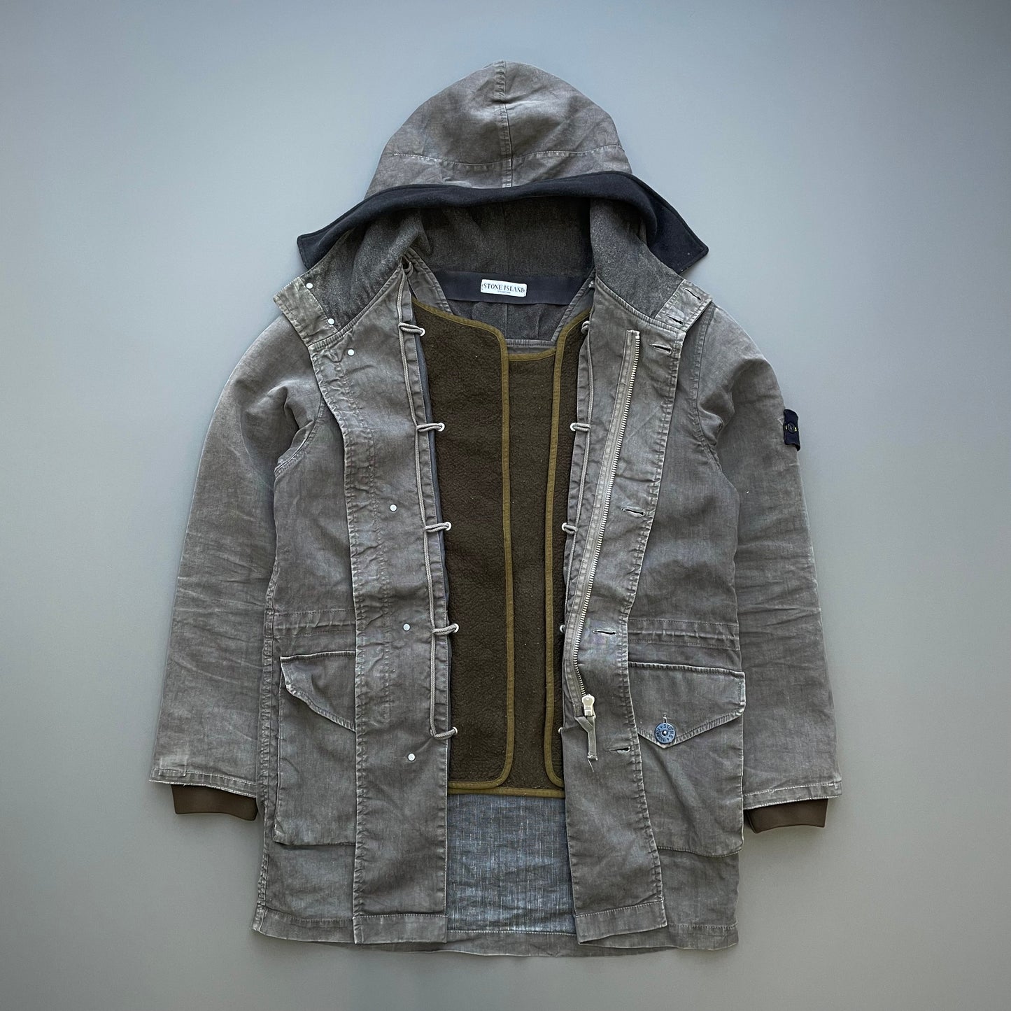 Stone Island Grey AW07 Lino Flax Dutch Rope Liner Hooded Overcoat